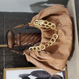 JUICY COUTURE BROWN BAG GOLD CHUNKY CHAIN SHOULDER HOBO PEBBLE LEATHER BOHO CHIC